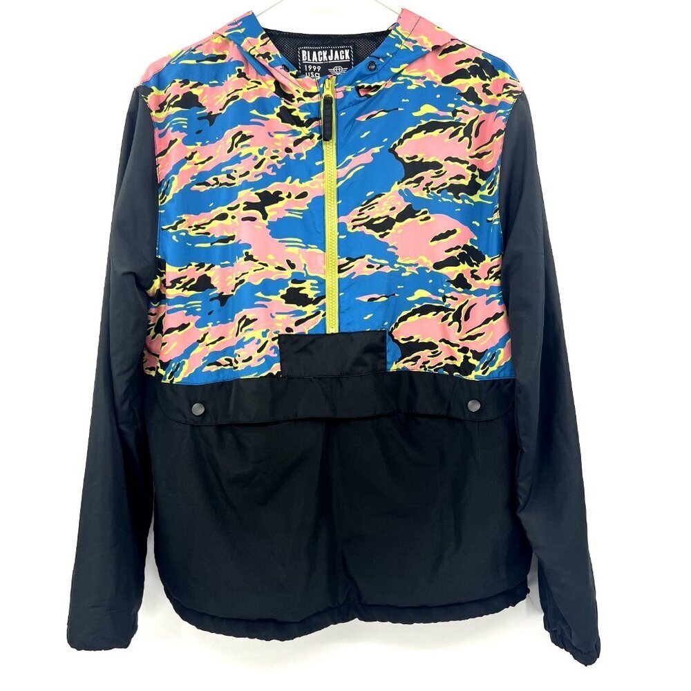 Black Jack 1999 USA Colorful Camo Pullover Hooded Windbreaker Womens Large
